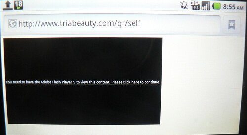 Screen shot showing Flash error on mobile phone