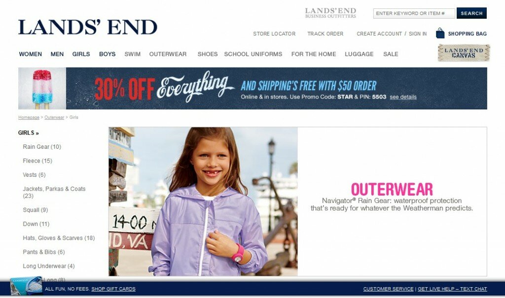 Global site header and footer example from Lands' End