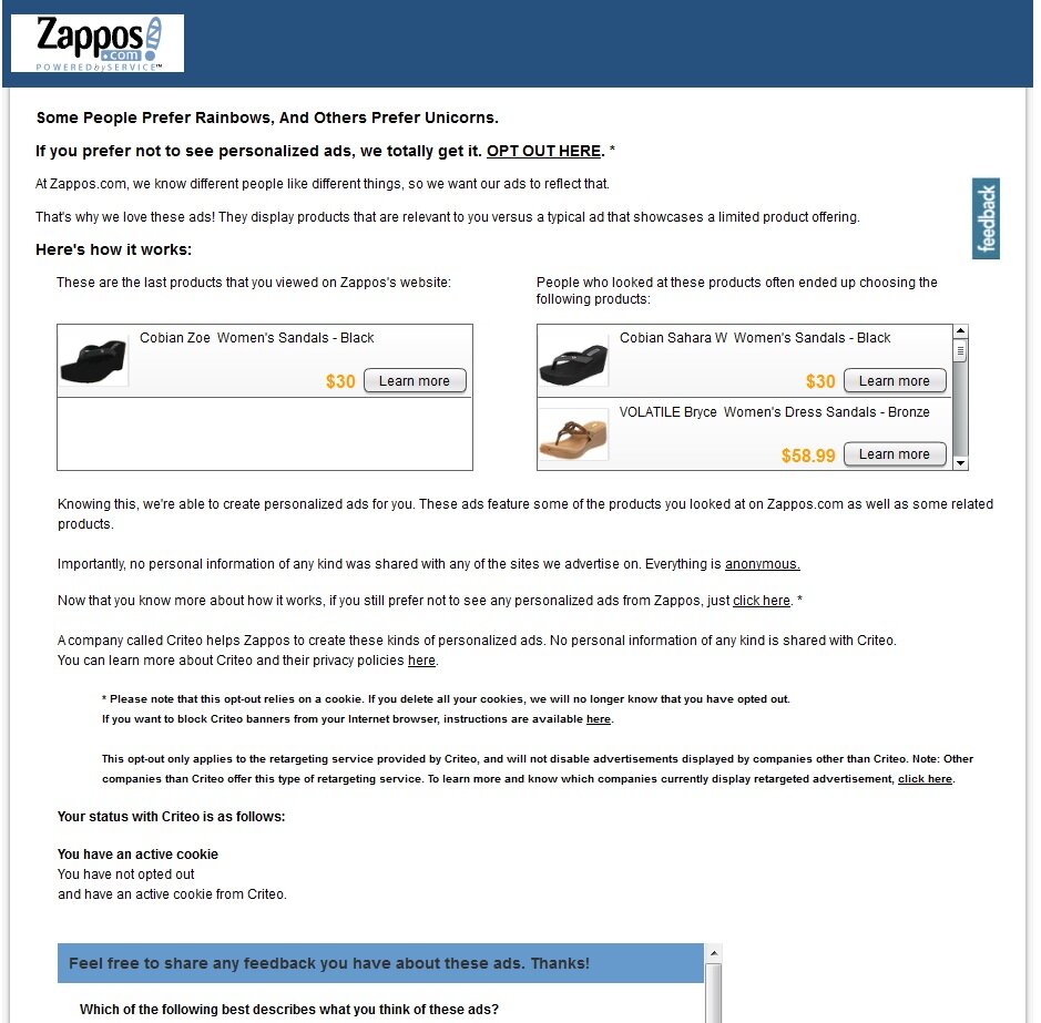 Privacy example from Zappos