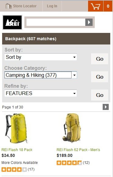 mobile on-site search example from REI