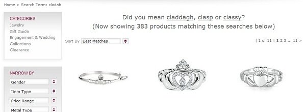 On-site search example from Helzberg