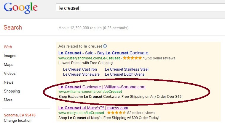 Paid search placement example from Williams-Sonoma