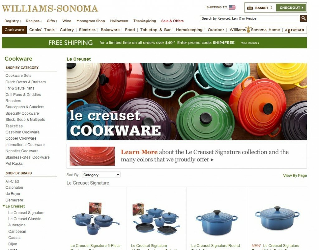 Landing page example from Williams-Sonoma