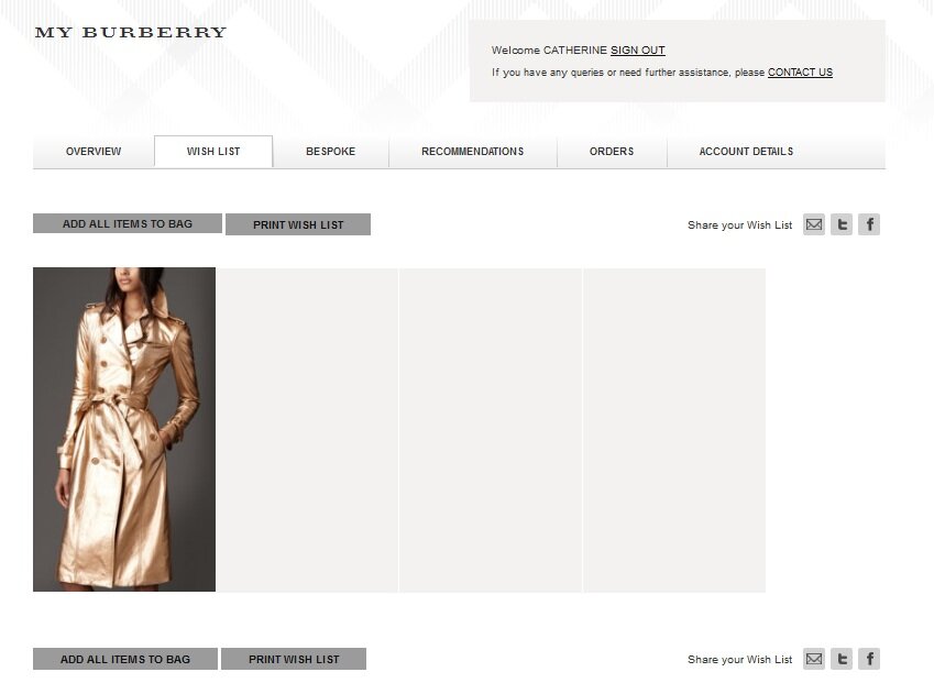 Wish list example from Burberry