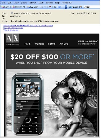 Mobile promotion example from Armani Exchange