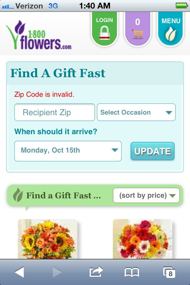 Mobile landing page from 1800Flowers
