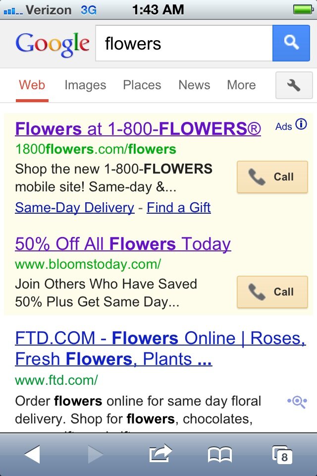 Mobile search ad from 1800Flowers