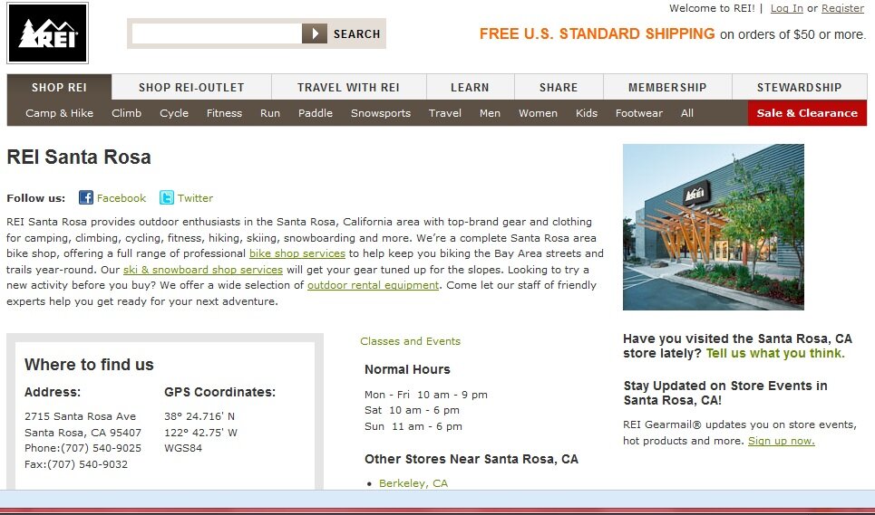 Physical store location page from REI