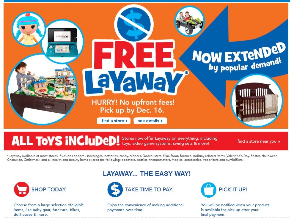 Layaway page example from Toys R Us