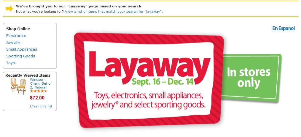 Layaway page example from Walmart