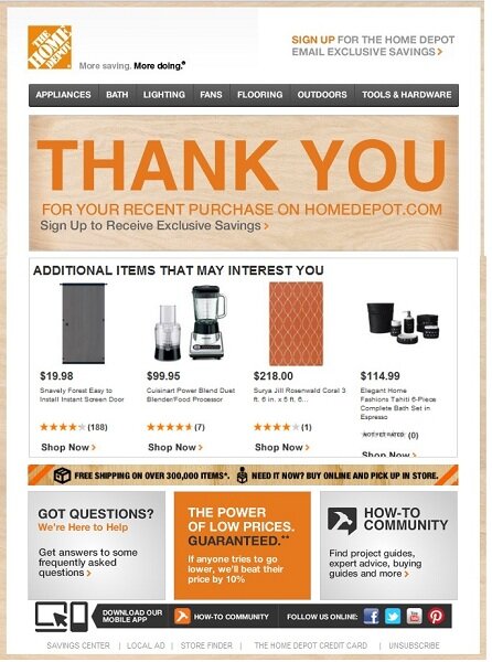 Transactional email example from Home Depot