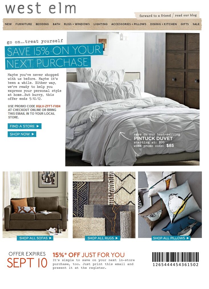 Post-purchase email example from West Elm