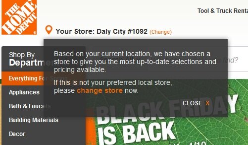 Location personalization example from Home Depot