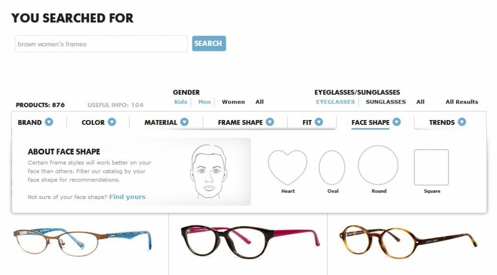 On-site search example from Lenscrafters