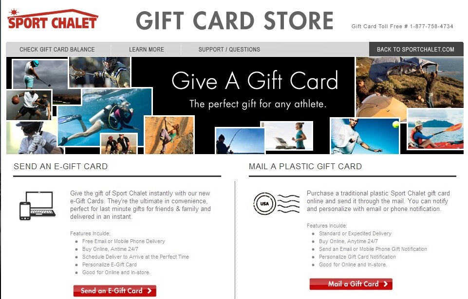 Gift card information example from Sport Chalet