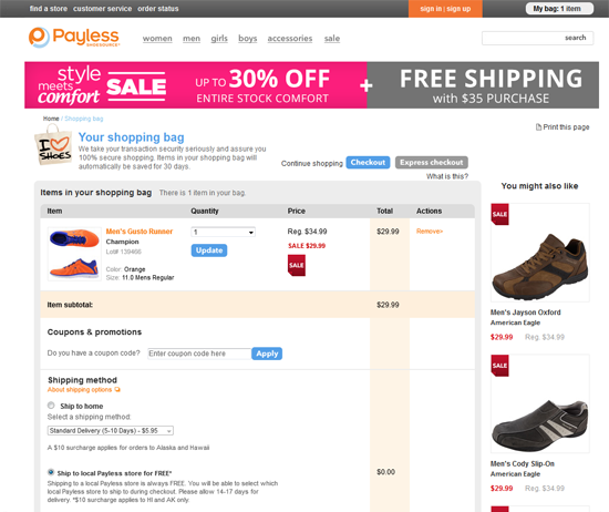 Payless Shoes Ship to Store Option in Cart